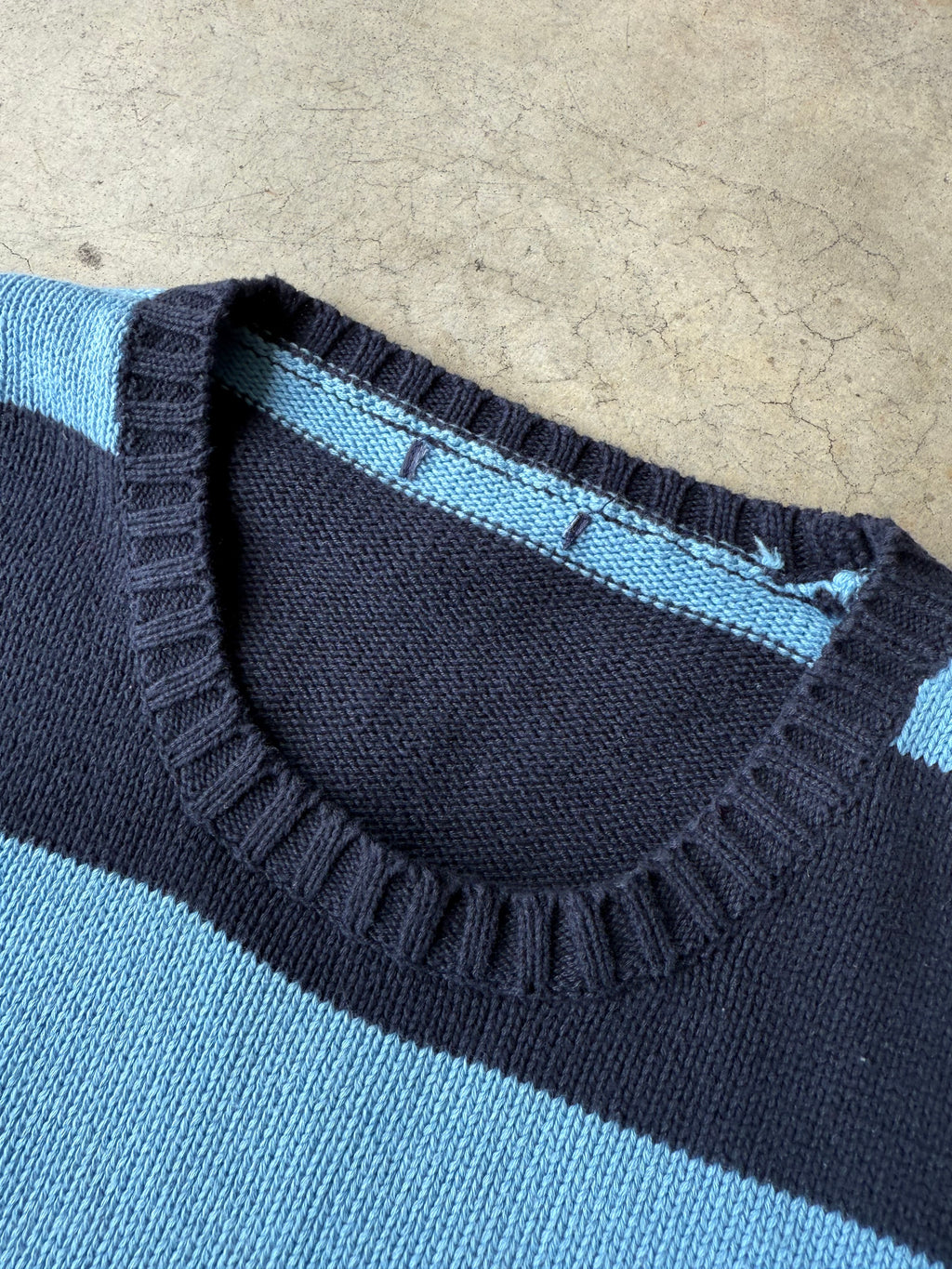 Vintage Navy Blue and Light Blue Striped Sweater - L